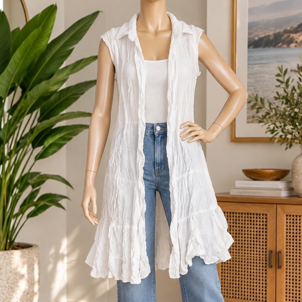 Tagalcs Women Vest White Crinkle Rayon Button Front Sleeveless One Size